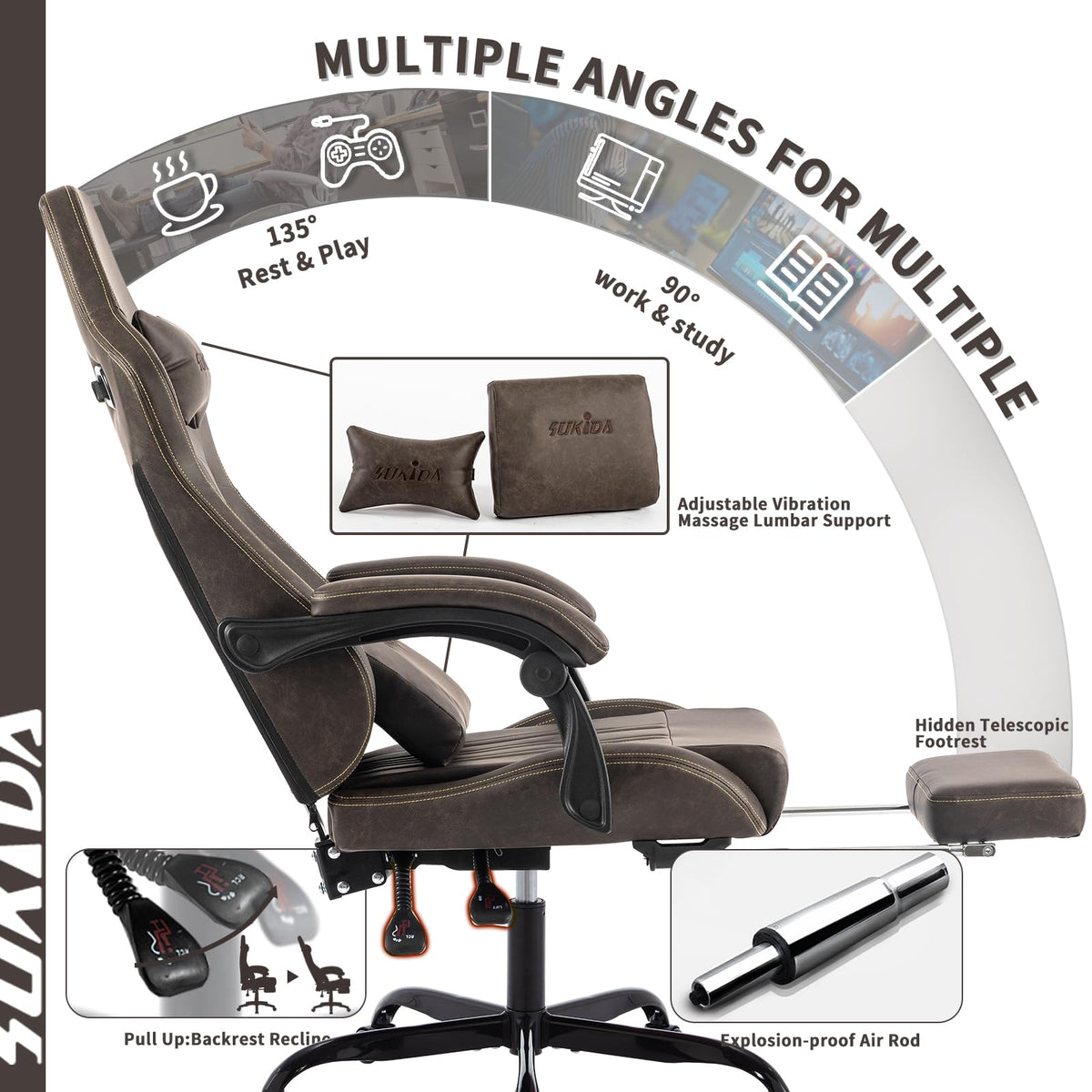 Brown Ergonomic Gaming Chair with Footrest and Massage Lumbar Cushion I159512