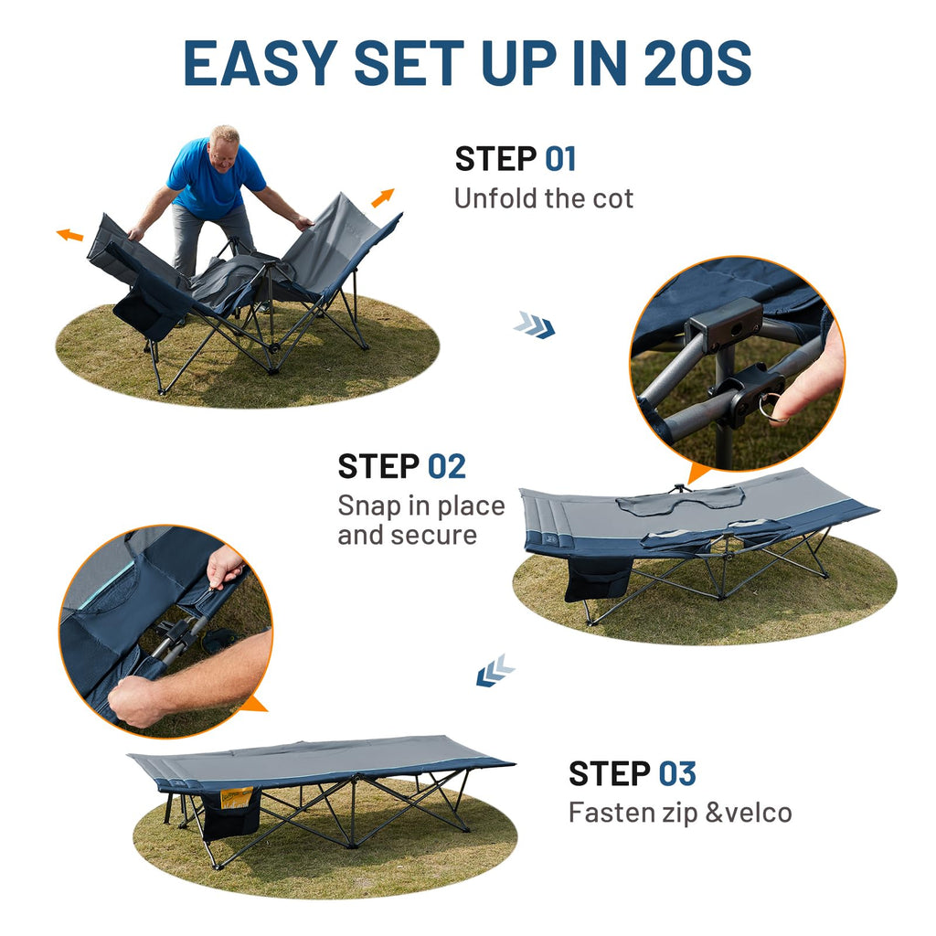 31.8" Extra Wide Heavy Duty Camping Cot with Carry Bag, Blue, 2 Pack F281