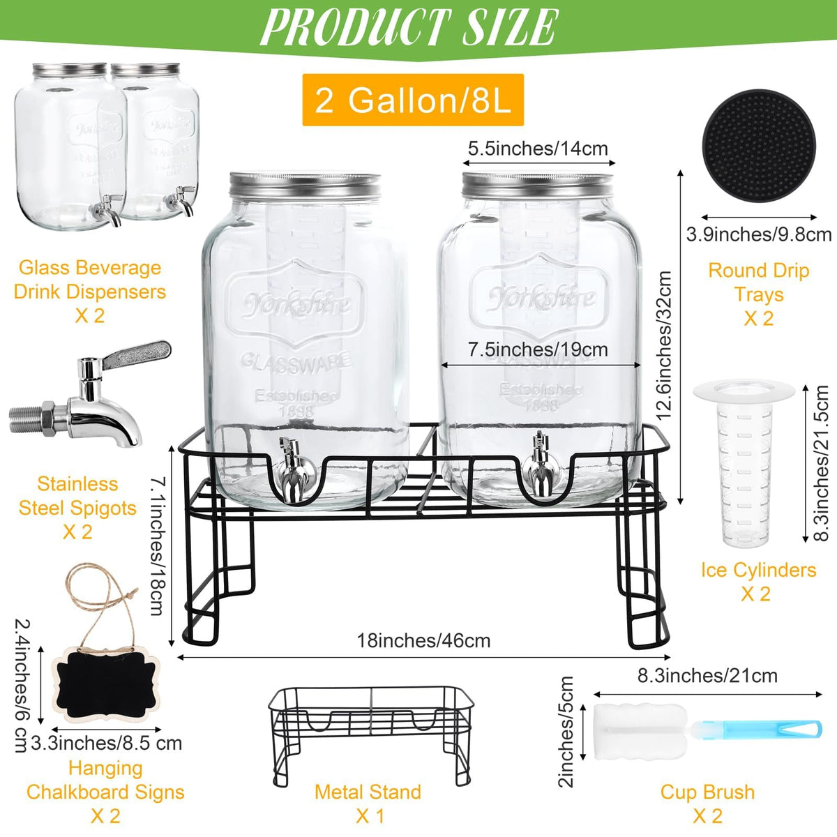 2 Pcs 2 Gallon Glass Beverage Dispenser with Stand X43657