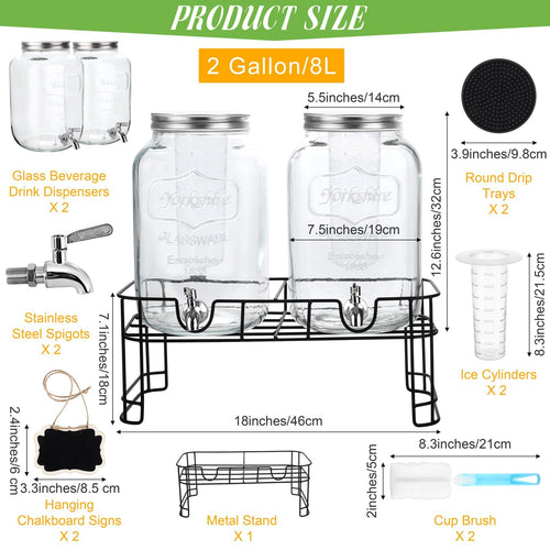 2 Pcs 2 Gallon Glass Beverage Dispenser with Stand X43657