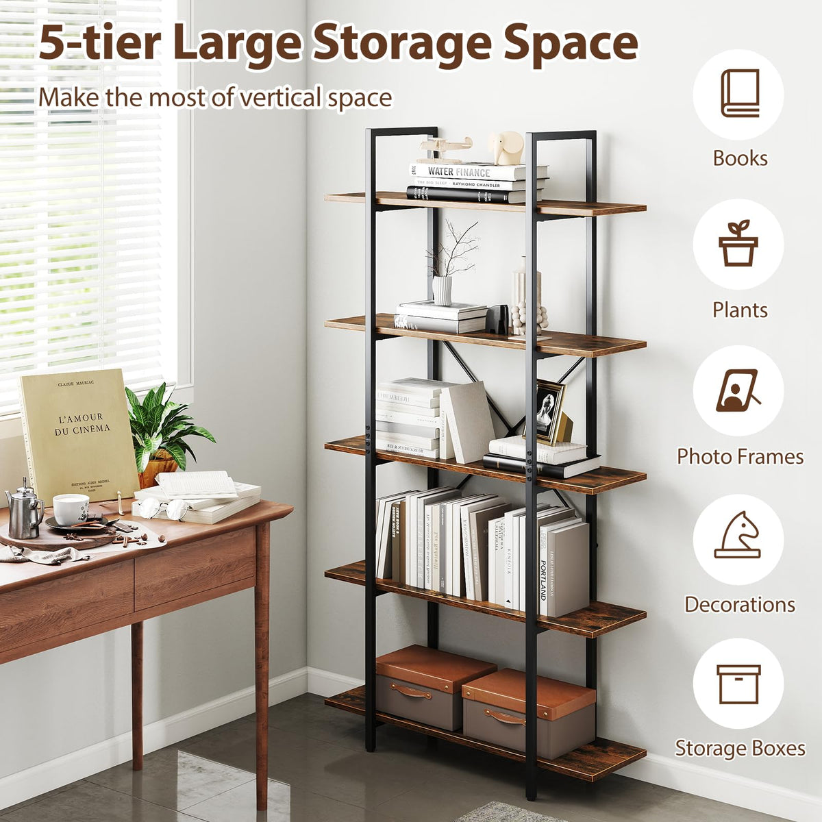5-Tier Rustic Brown Bookshelf with Metal Frame U25939