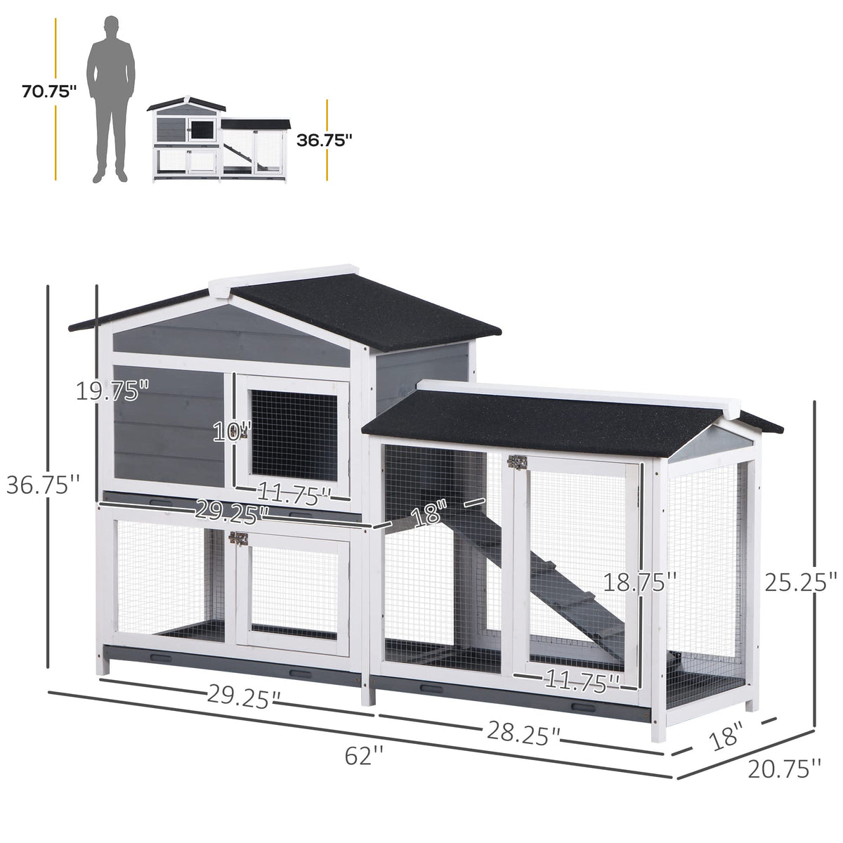 Gray 2-Tier Wooden Rabbit Hutch with Removable Tray N238