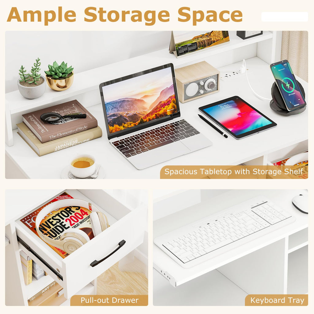White Desk with Drawer and Keyboard Tray F803626