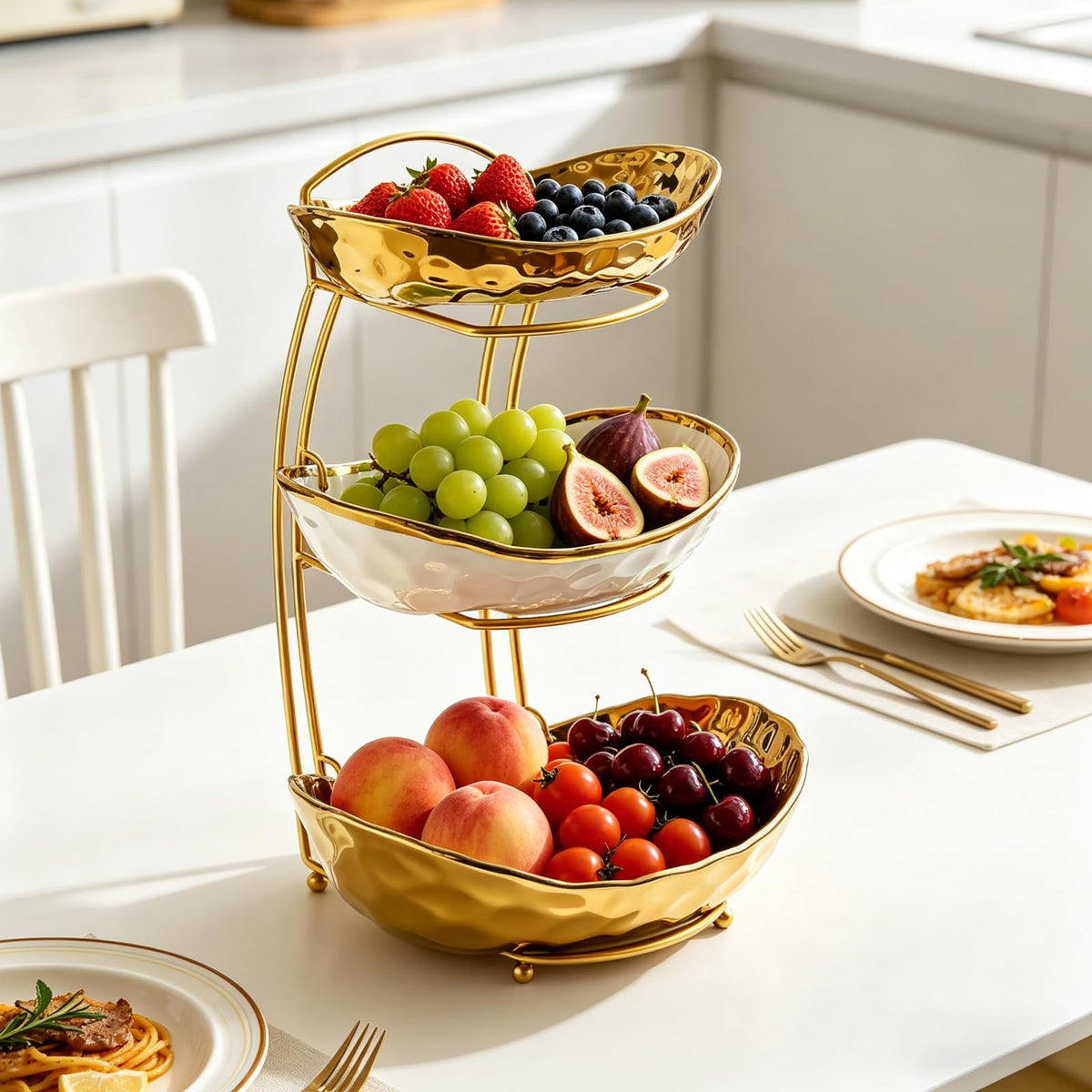 3 Tier Ceramic Fruit Bowl with Metal Stand Y63627