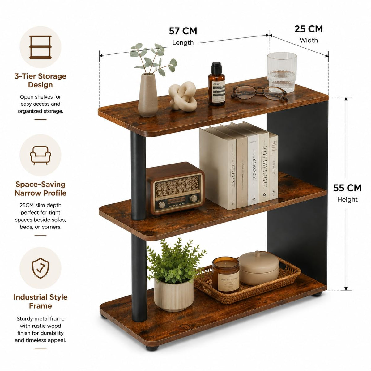 3-Tier Narrow Industrial End Table K9474