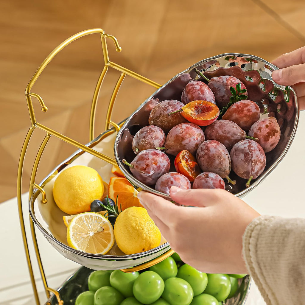 3 Tier Ceramic Fruit Bowl with Metal Stand Y63627