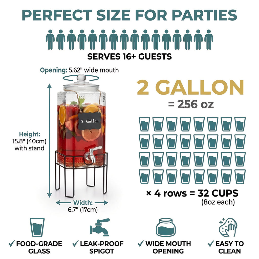 2 Gallon Glass Drink Dispenser with Stand and Glass Lid M38439