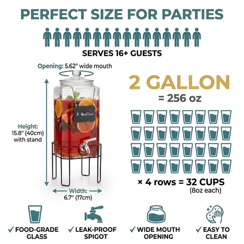 2 Gallon Glass Drink Dispenser with Stand and Glass Lid M38439