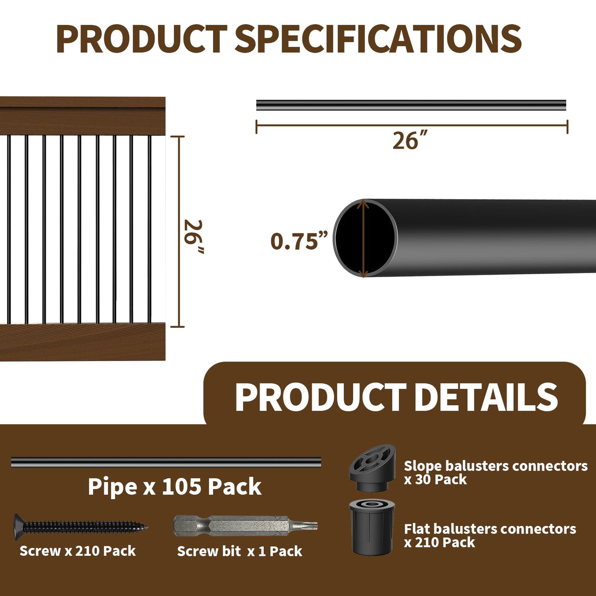 105 Pack 26" Black Aluminum Deck Balusters B2368