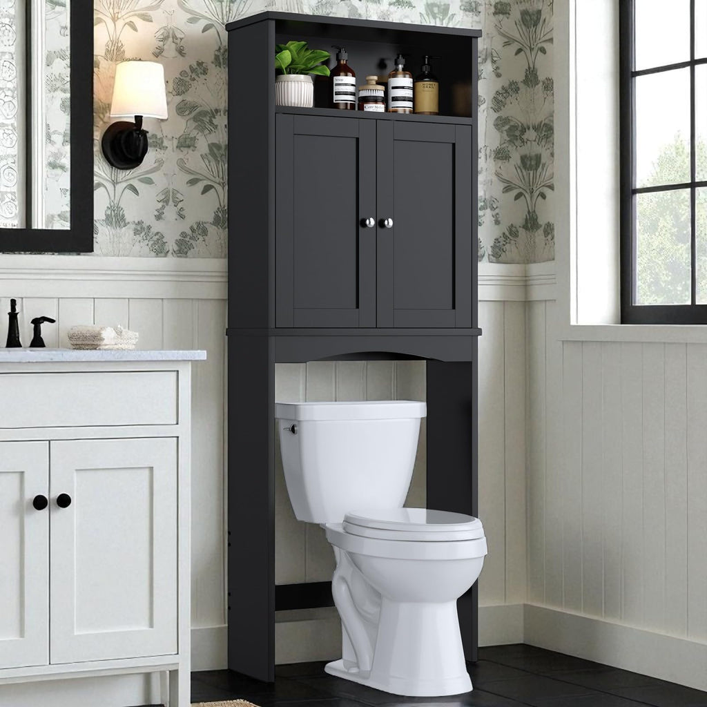 Over The Toilet Storage Cabinet with Adjustable Shelf and Double Door, Black B237679