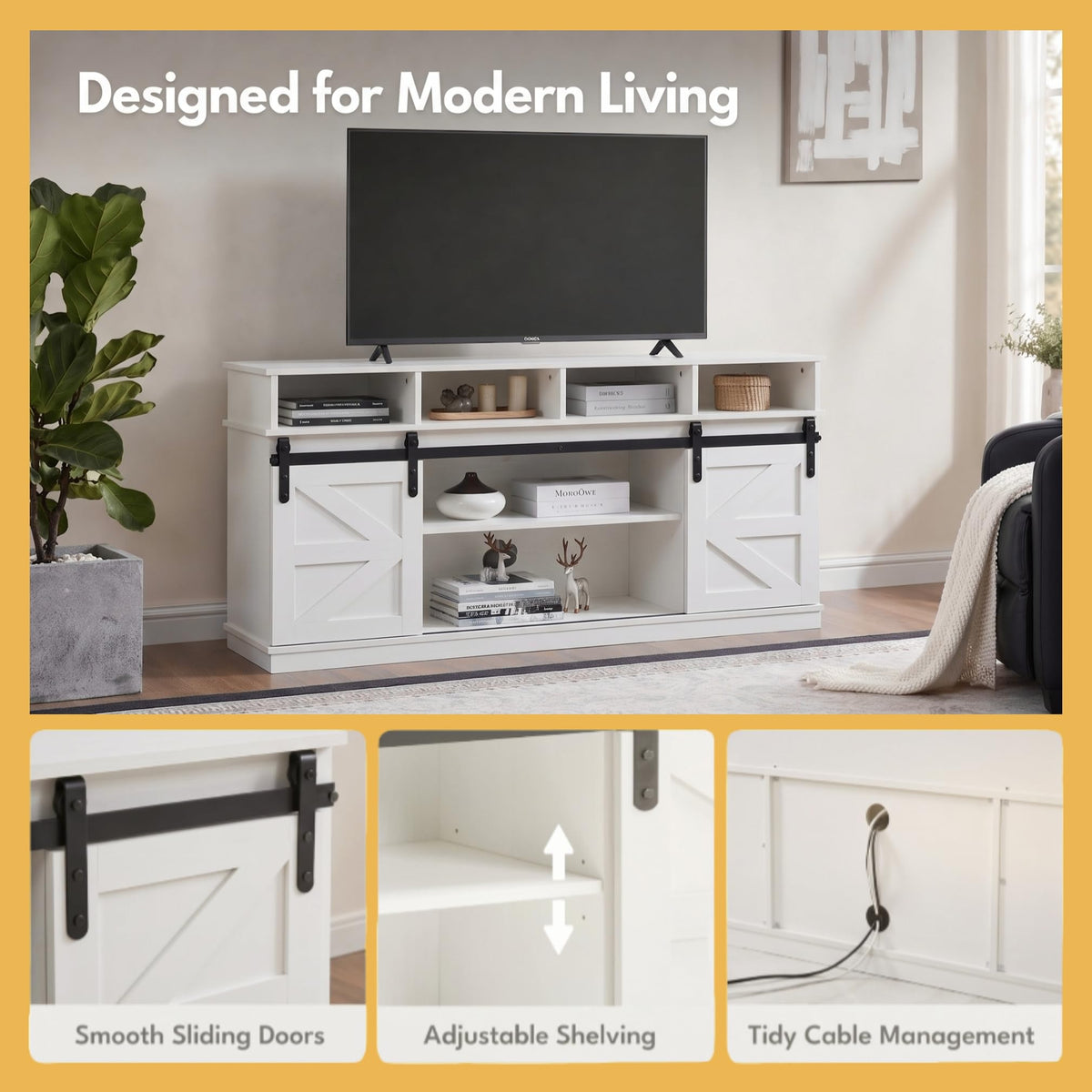 White Farmhouse TV Stand with Sliding Barn Doors J56102