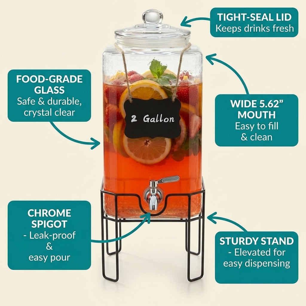 2 Gallon Glass Drink Dispenser with Stand and Glass Lid M38439