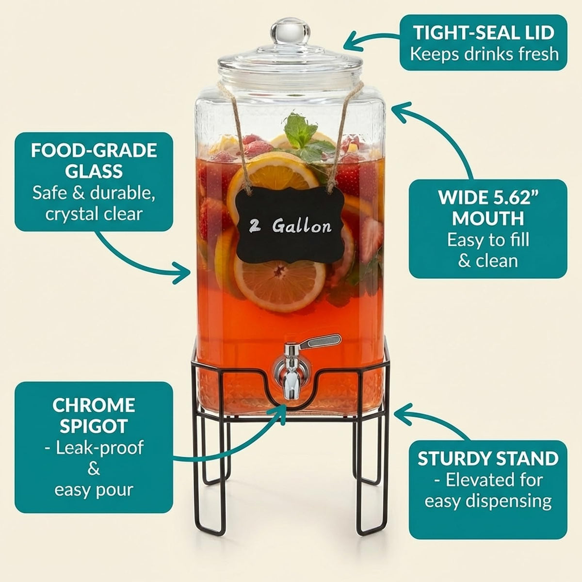 2 Gallon Glass Drink Dispenser with Stand and Glass Lid M38439