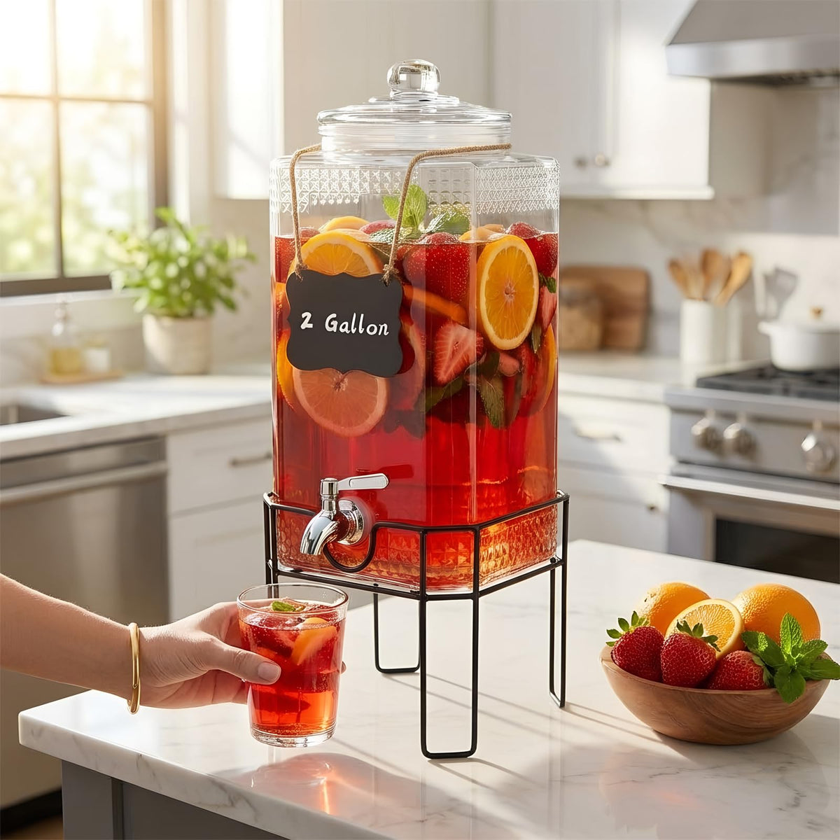 2 Gallon Glass Drink Dispenser with Stand and Glass Lid M38439