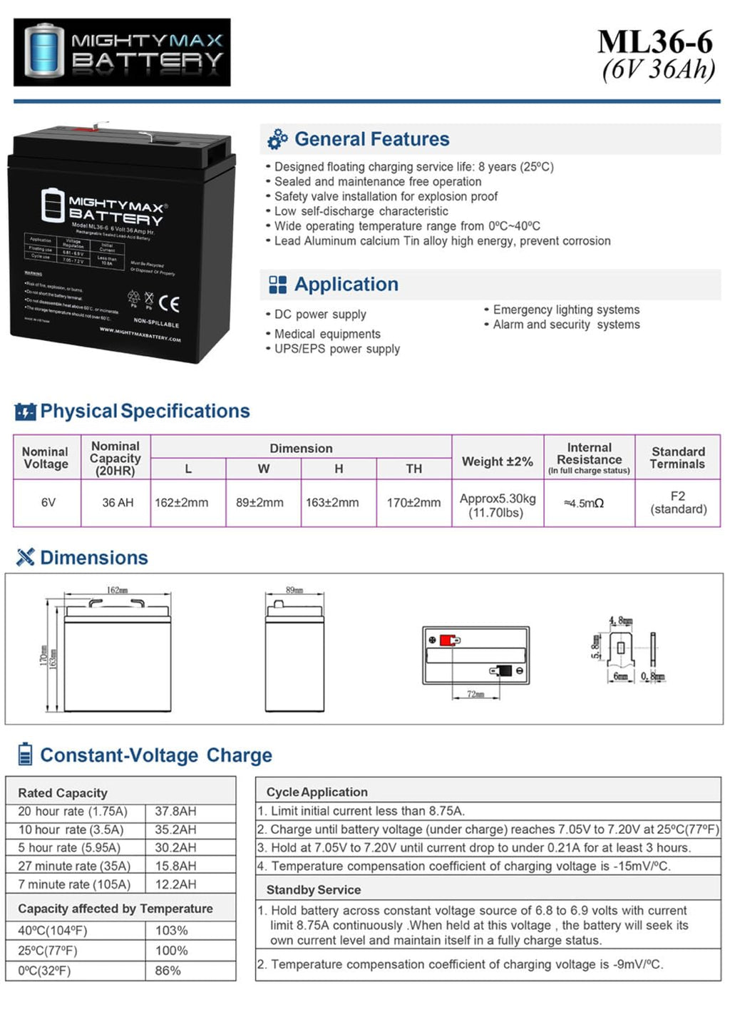6V 36Ah AGM F2 Terminal Battery V857