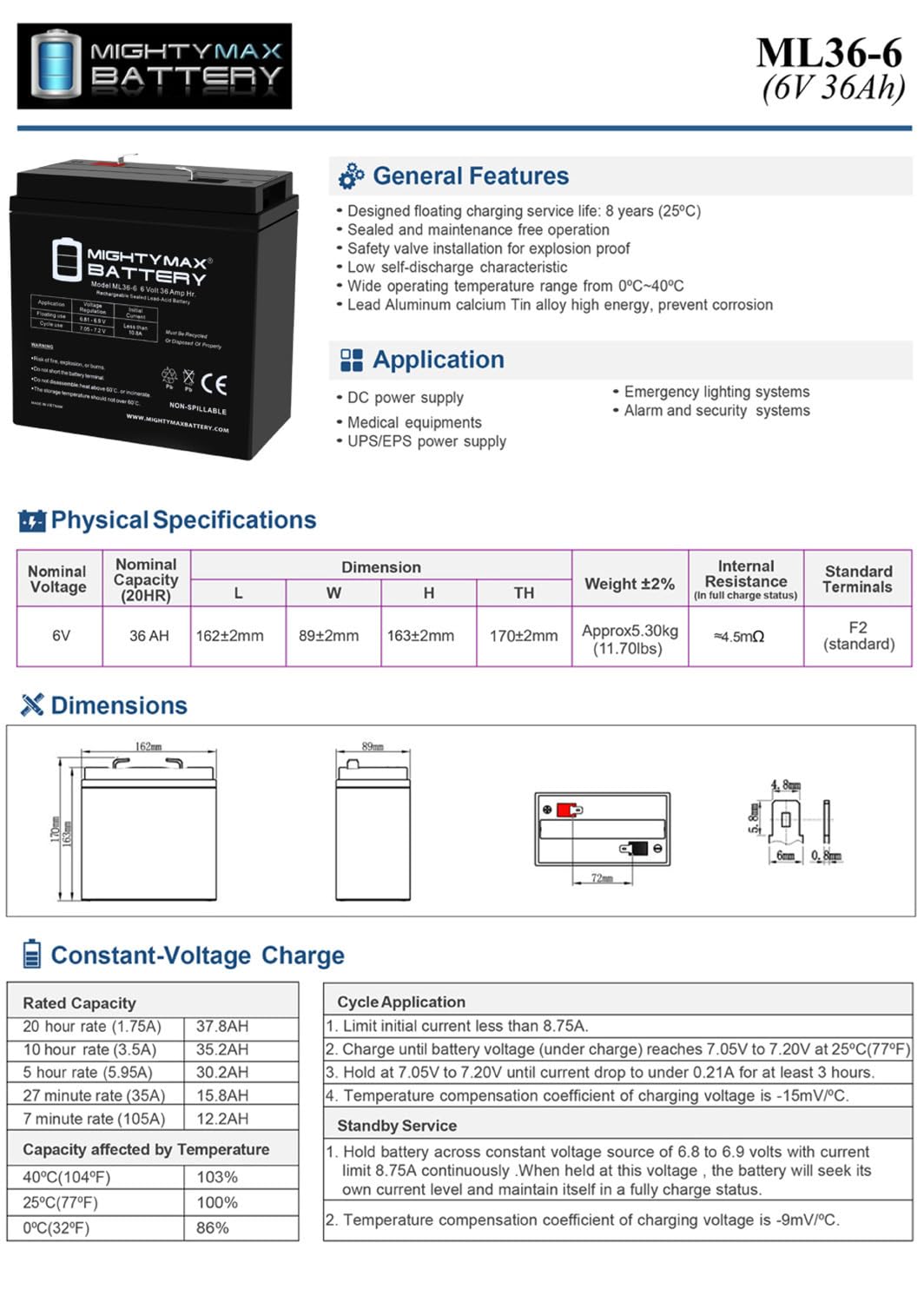 6V 36Ah AGM F2 Terminal Battery V857