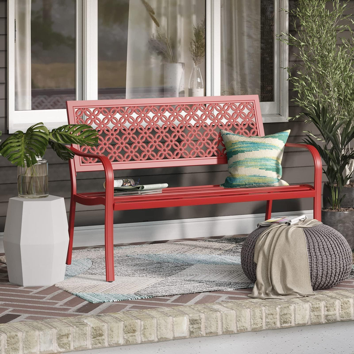 Cherry Red Metal Garden Bench O869