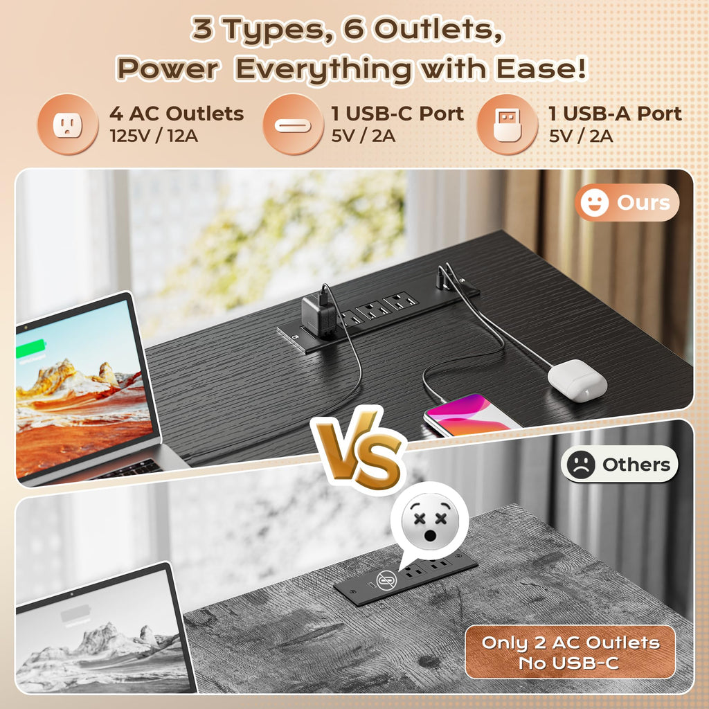 63 Inch L Shaped Desk with Power Outlets and USB-C Port, Black K178