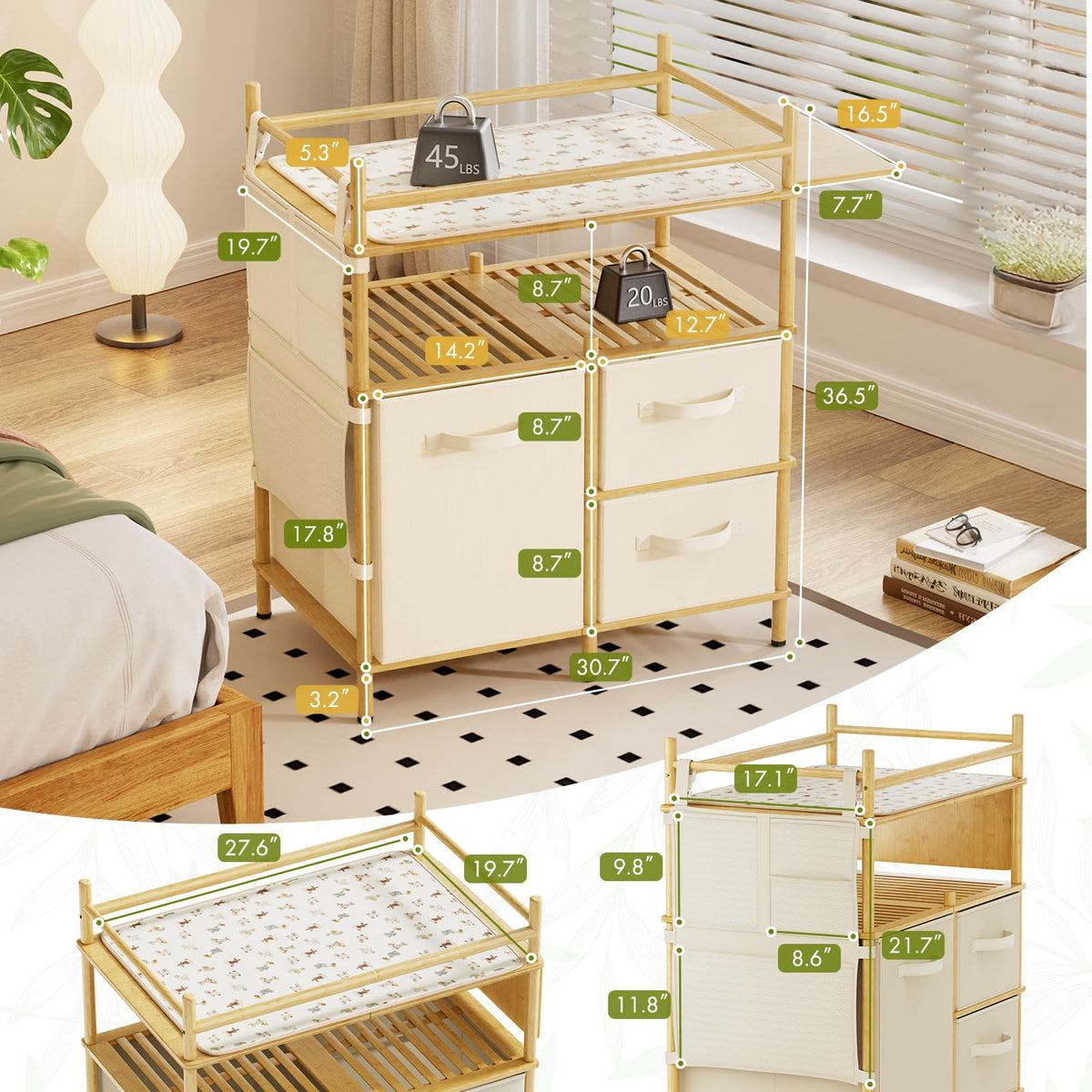 Bamboo Baby Changing Table with 3 Drawers G218