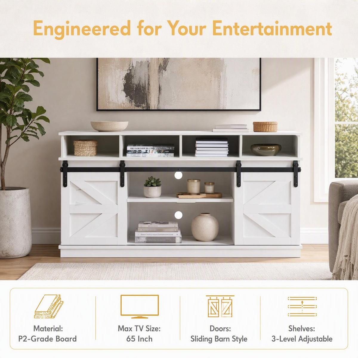 White Farmhouse TV Stand with Sliding Barn Doors J56102