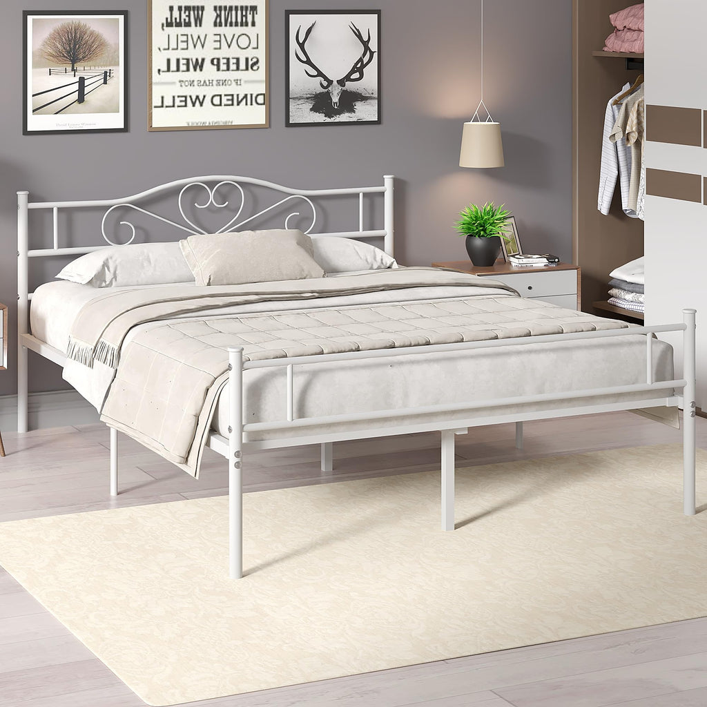 Full Size White Metal Platform Bed Frame with Headboard Q605