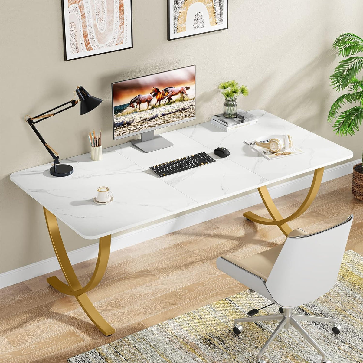 63” Large White and Gold Office Desk Y935532