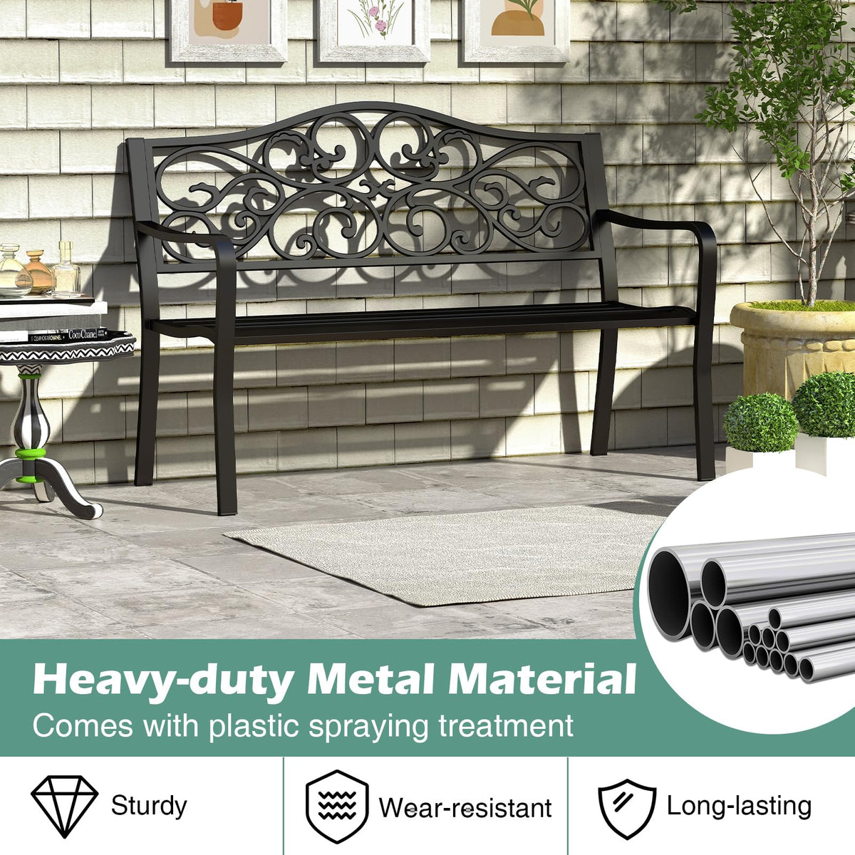 50 Inches Black Cast Iron Metal Patio Bench with Floral Backrest T1241
