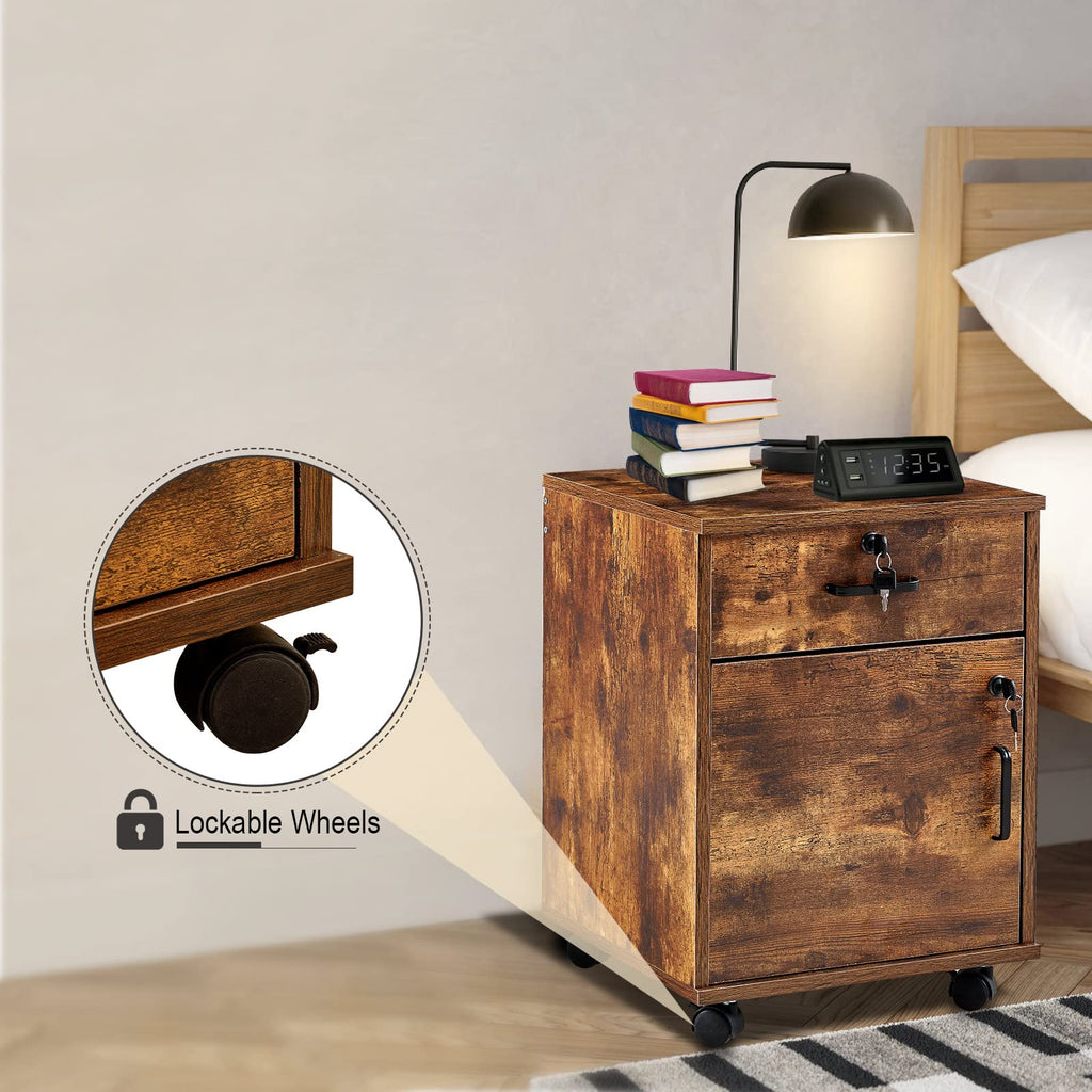 1 Drawer Wood File Cabinet with Lock and Wheels V7490