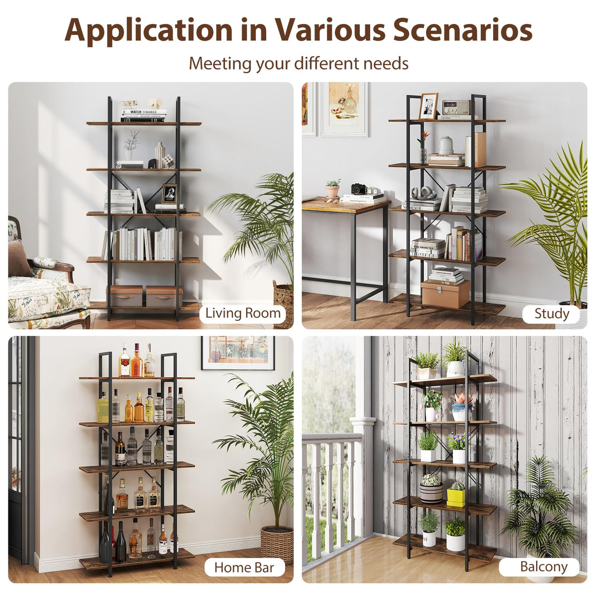 5-Tier Rustic Brown Bookshelf with Metal Frame U25939