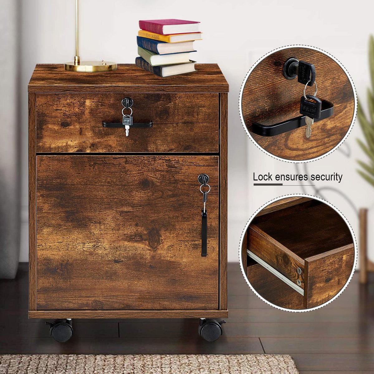 1 Drawer Wood File Cabinet with Lock and Wheels V7490