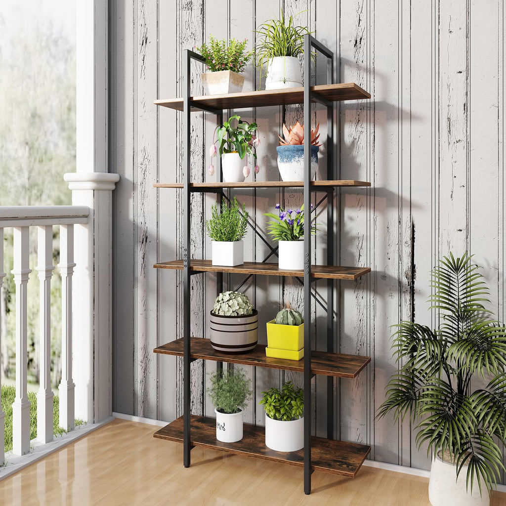 5-Tier Rustic Brown Bookshelf with Metal Frame U25939