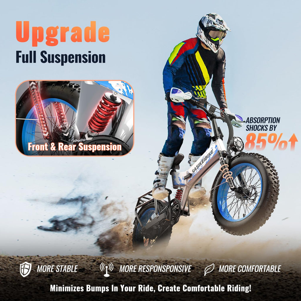 Foldable Electric Bike 1500W 52V 20Ah 20" Fat Tire Full Suspension K856