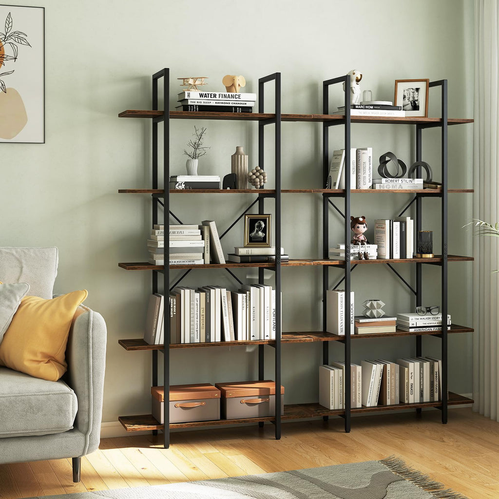 5-Tier Rustic Brown Bookshelf with Metal Frame U25939