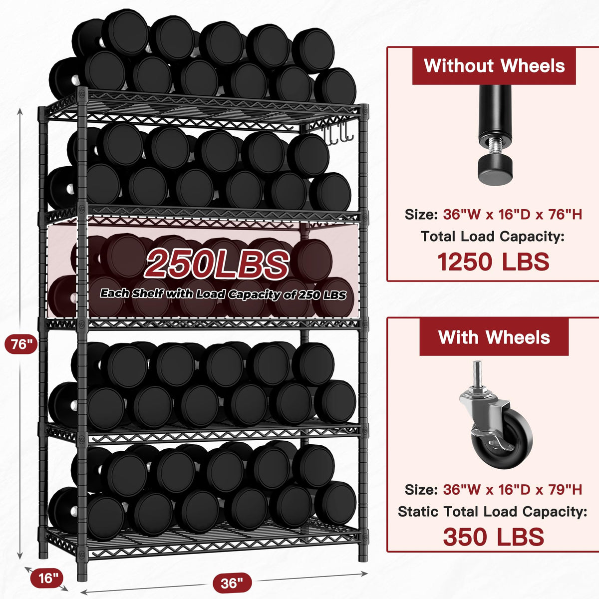 36"W x 16"D x 79"H 5-tier Metal Wire Shelving with Wheels K52178