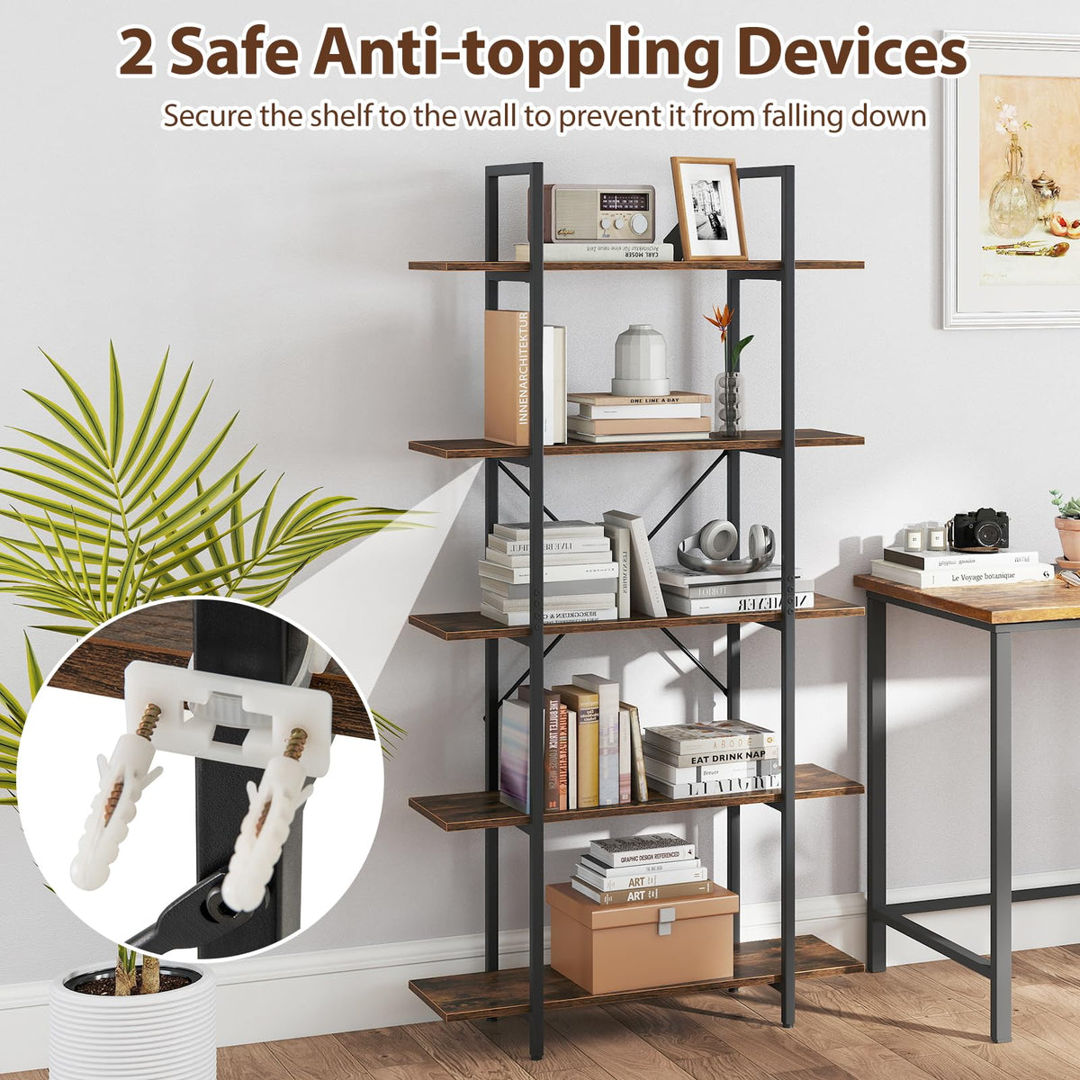 5-Tier Rustic Brown Bookshelf with Metal Frame U25939