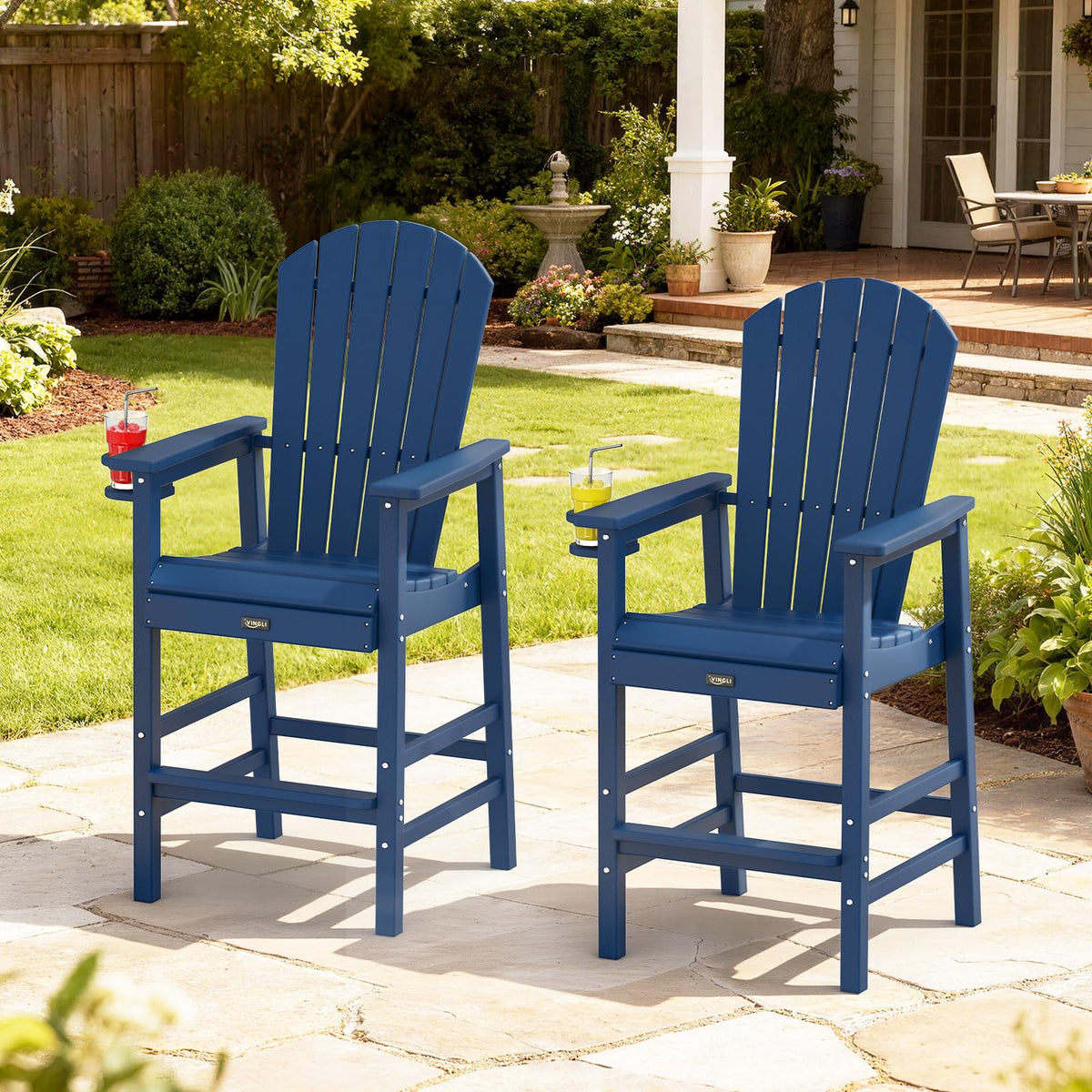 Tall Adirondack Chairs Set of 2, All-Weather Plastic with Cup Holders, Navy Blue A744