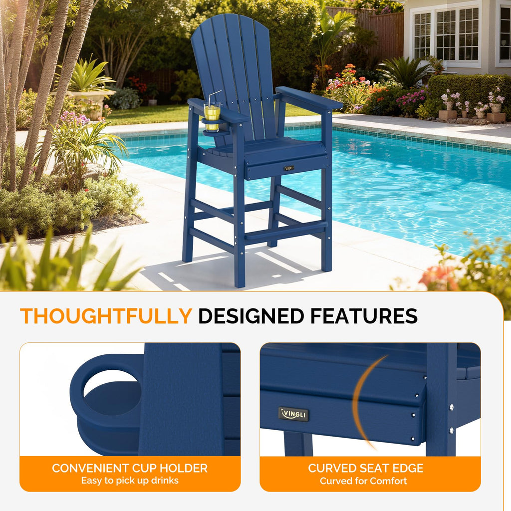 Tall Adirondack Chairs Set of 2, All-Weather Plastic with Cup Holders, Navy Blue A744