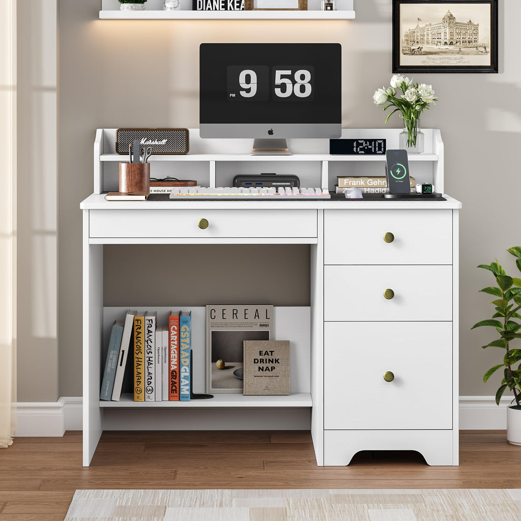 White Computer Desk with Drawers and Hutch Shelf N4485