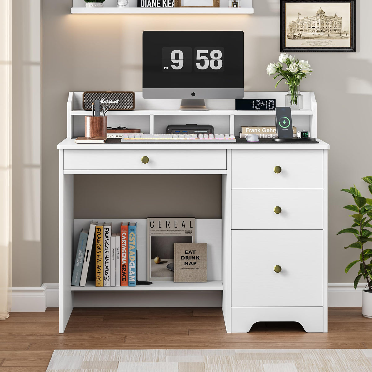 White Computer Desk with Drawers and Hutch Shelf N4485