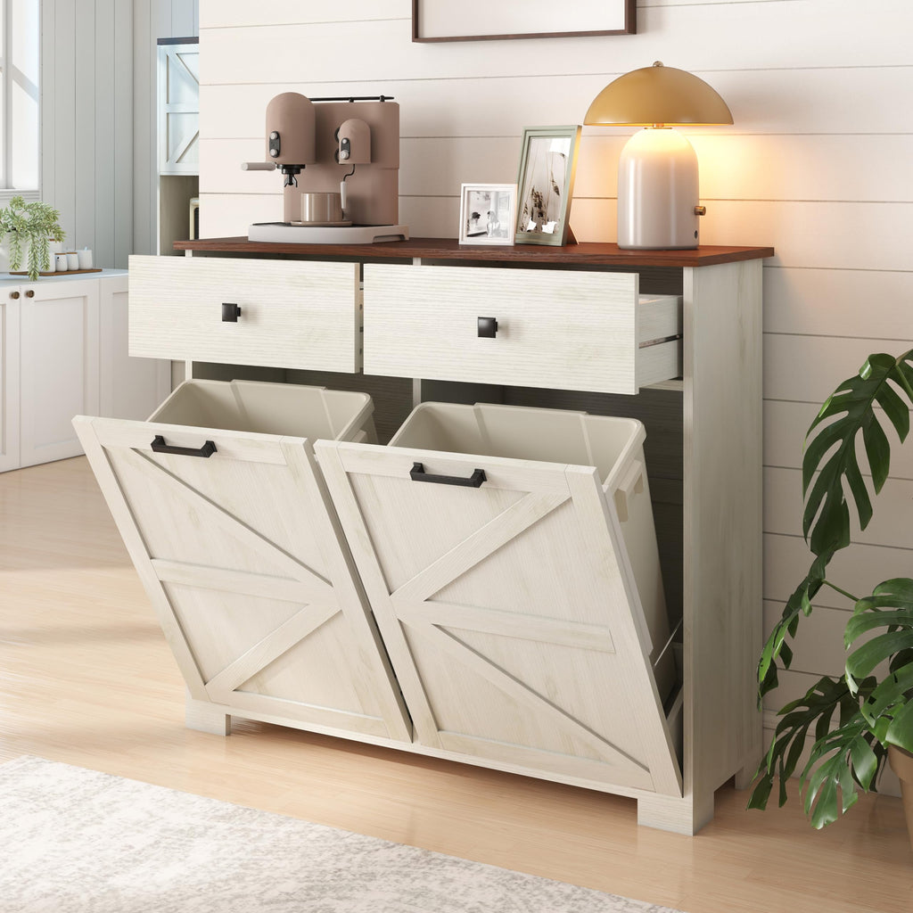 Antique White Wooden Tilt Out Trash Cabinet with 2 Storage Drawers U2595