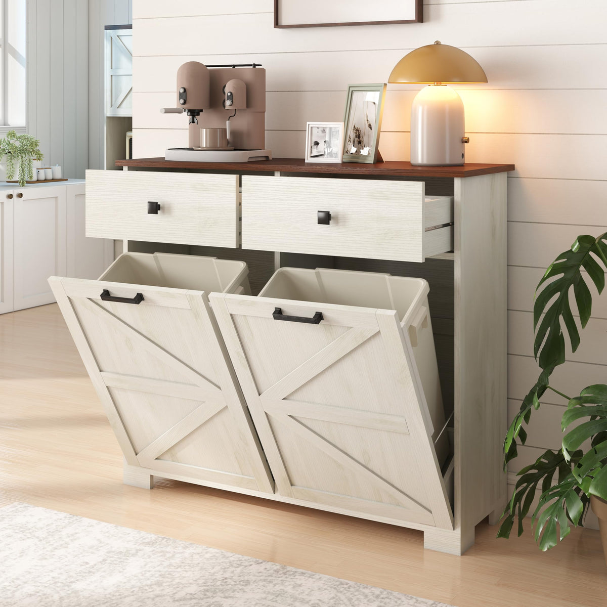 Antique White Wooden Tilt Out Trash Cabinet with 2 Storage Drawers U2595