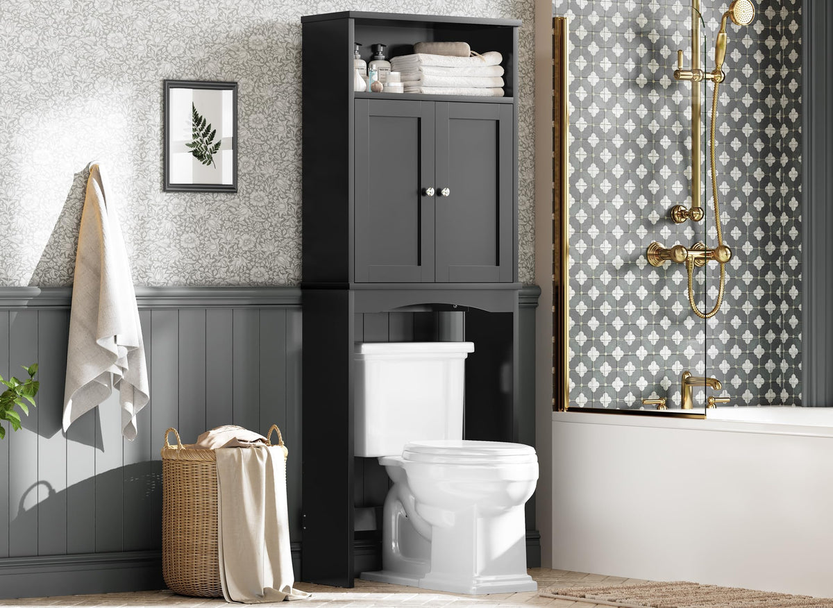 Over The Toilet Storage Cabinet with Adjustable Shelf and Double Door, Black B237679