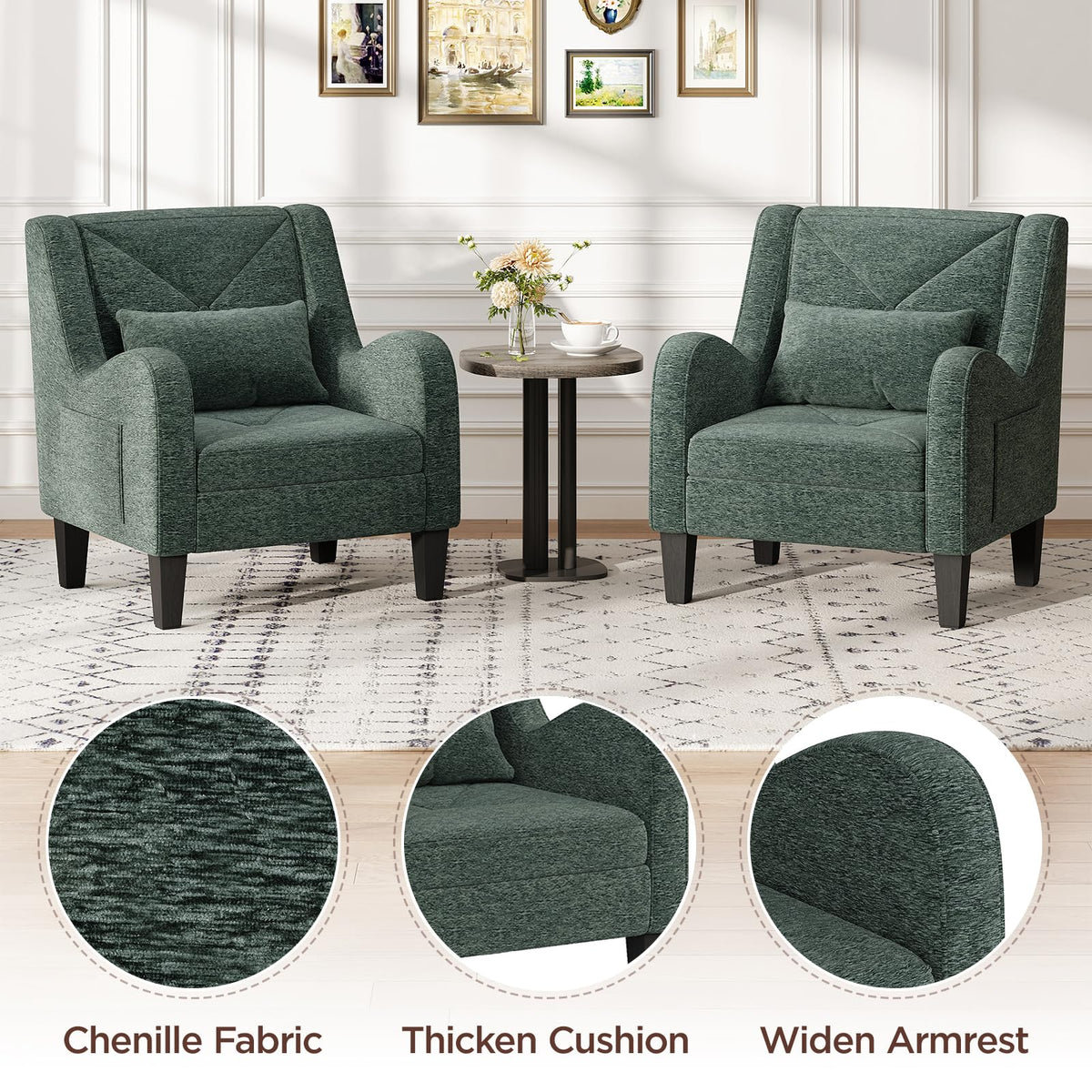 Green Chenille Upholstered Accent Chair with Lumbar Pillow B5113