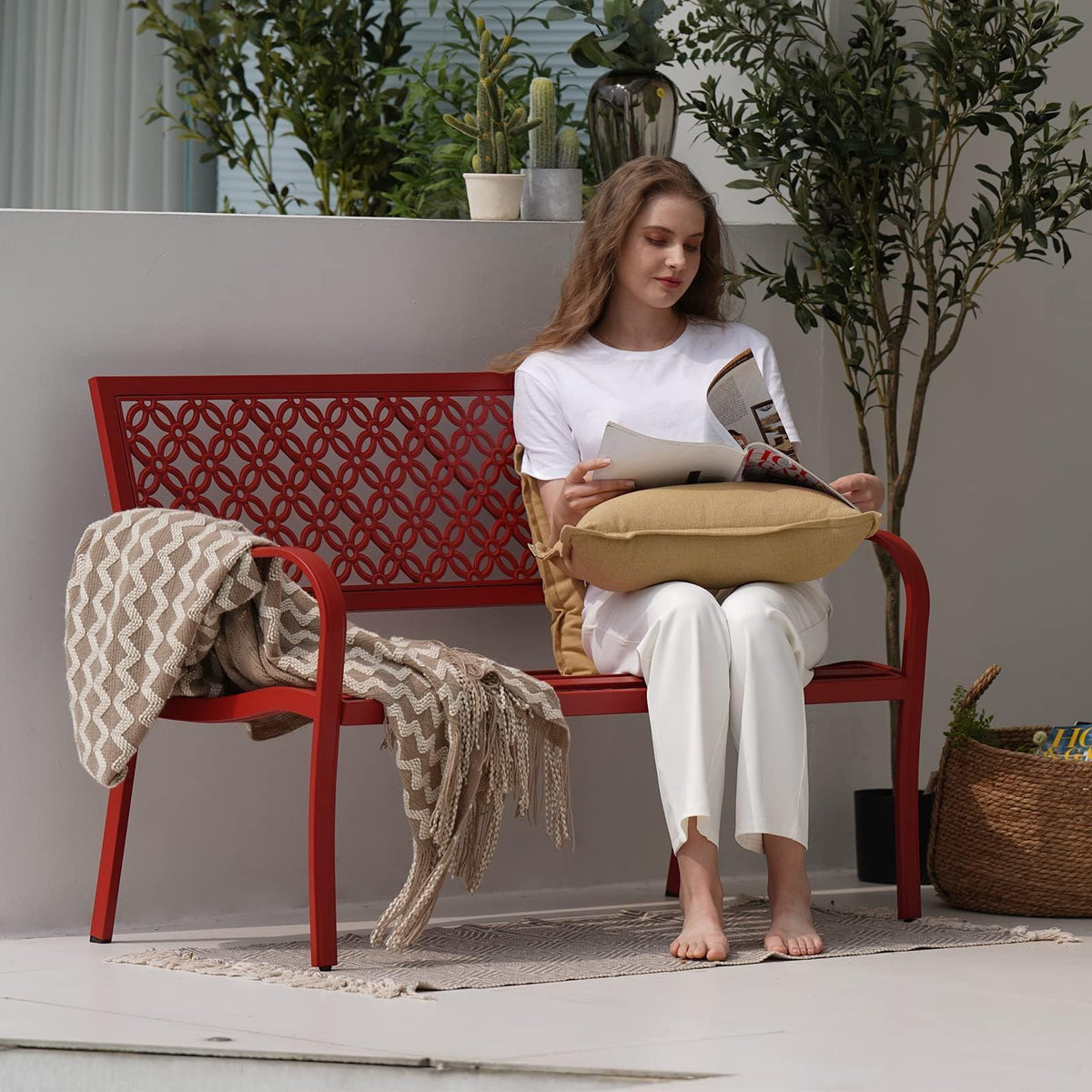 Cherry Red Metal Garden Bench O869
