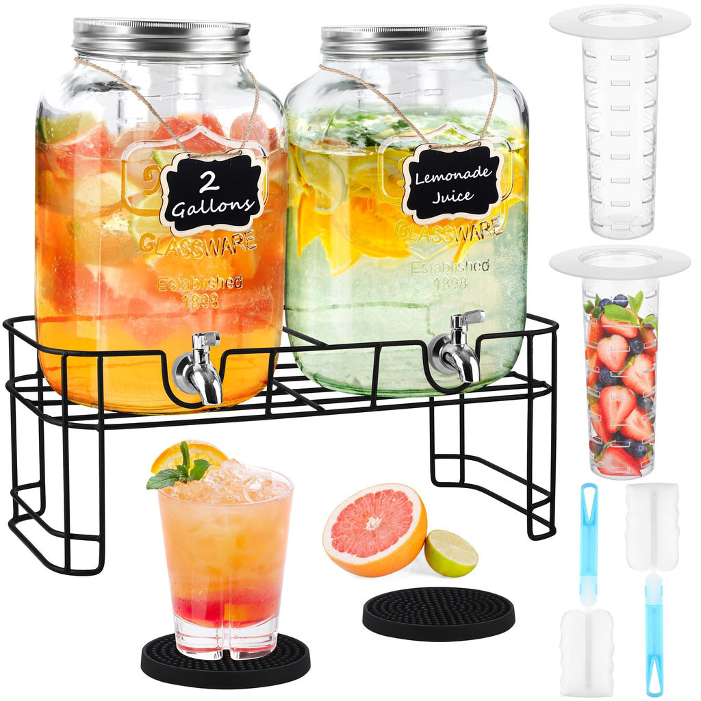 2 Pcs 2 Gallon Glass Beverage Dispenser with Stand X43657