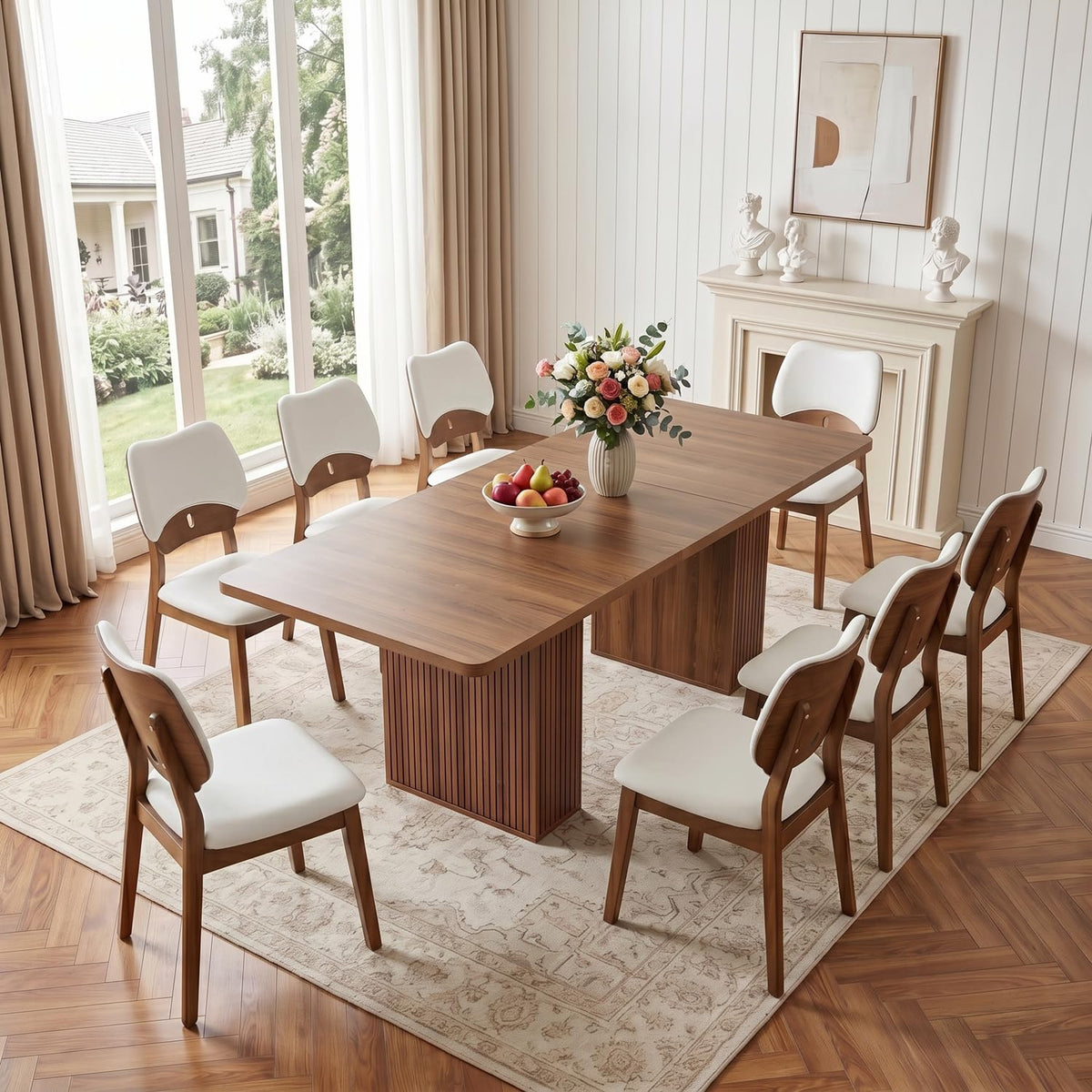 Walnut 9-Piece Extendable Dining Table Set with Storage W308