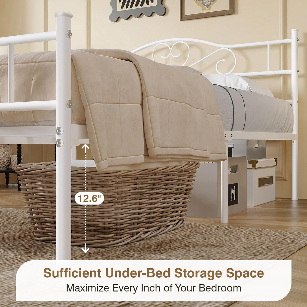 Full Size White Metal Platform Bed Frame with Headboard Q605