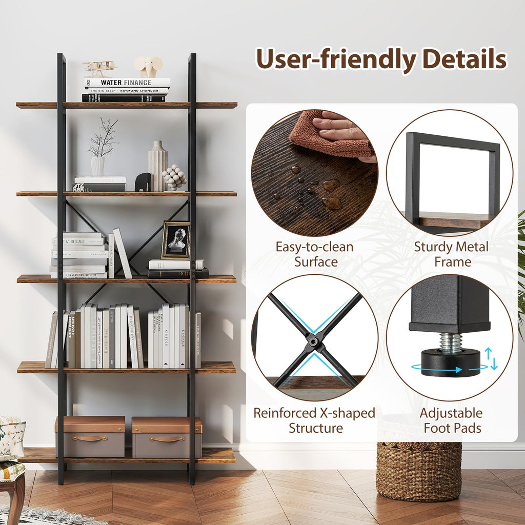 5-Tier Rustic Brown Bookshelf with Metal Frame U25939