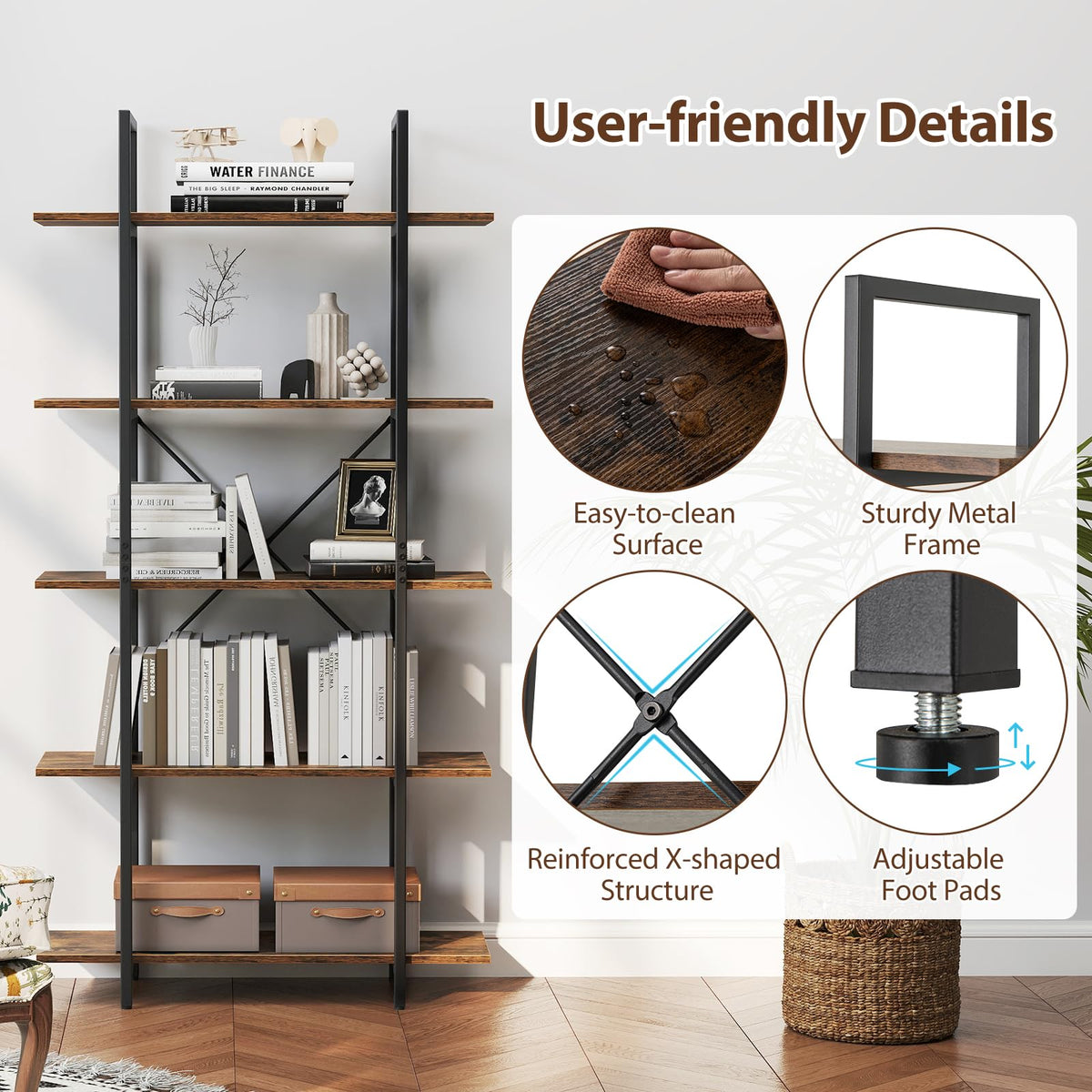 5-Tier Rustic Brown Bookshelf with Metal Frame U25939