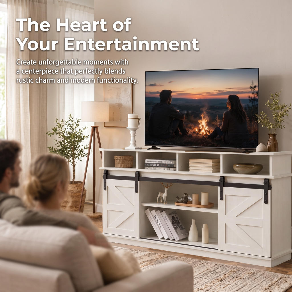 White Farmhouse TV Stand with Sliding Barn Doors J56102